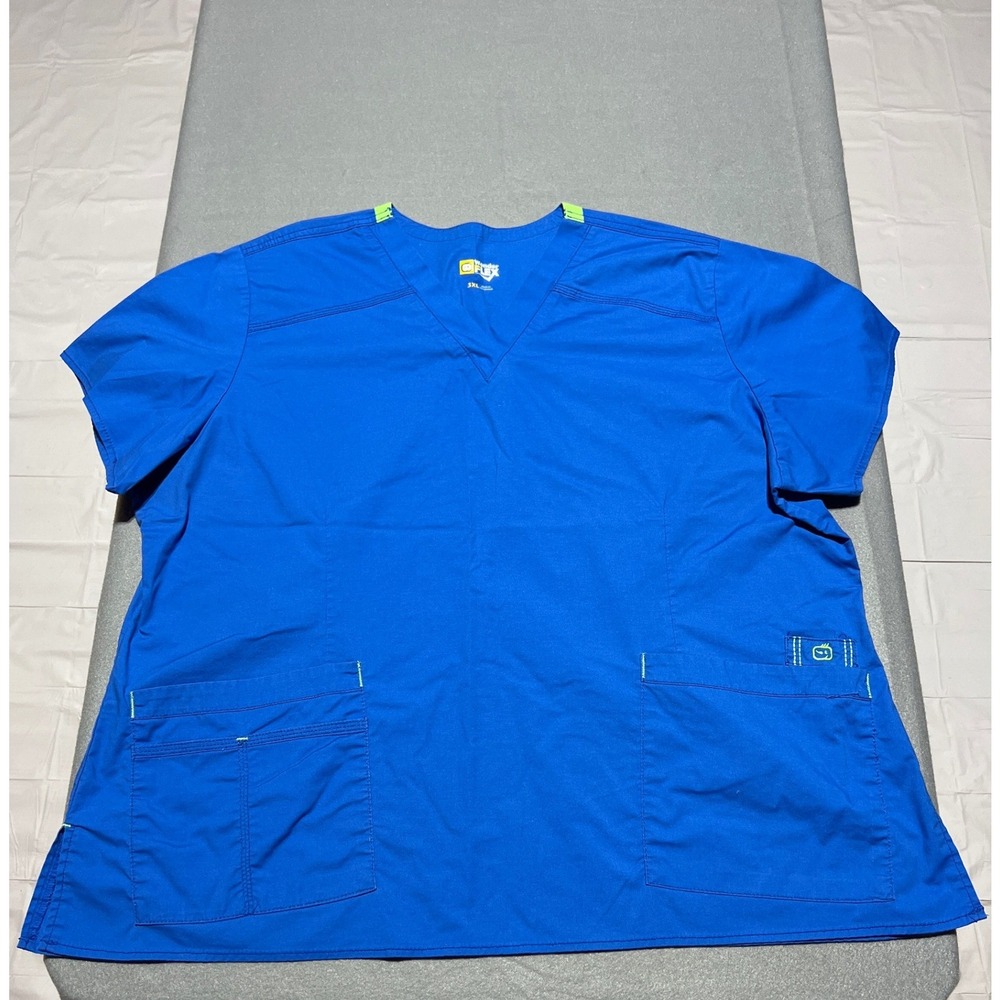 WonderWink WonderFlex Royal Blue V-Neck Scrub Top 3XL 6108 Lime Accents
